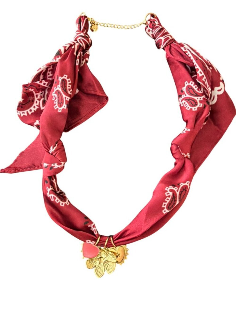 Mayamar Red Bandana Necklace With Gold Charms New with pouch